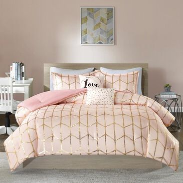 Hampton Park Intelligent Design Raina 5-Piece Full/Queen Metallic Print Comforter Set in Blush/Gold, , large