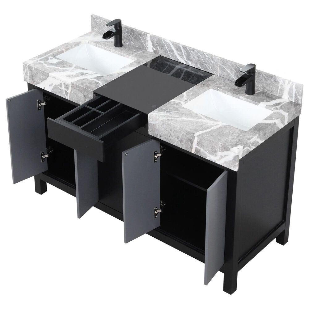 Lexora Home Zilara 55&quot; Double Bathroom Vanity in Black and Grey with 11 cm Castle Grey Marble Top and Rectangular Sinks, , large