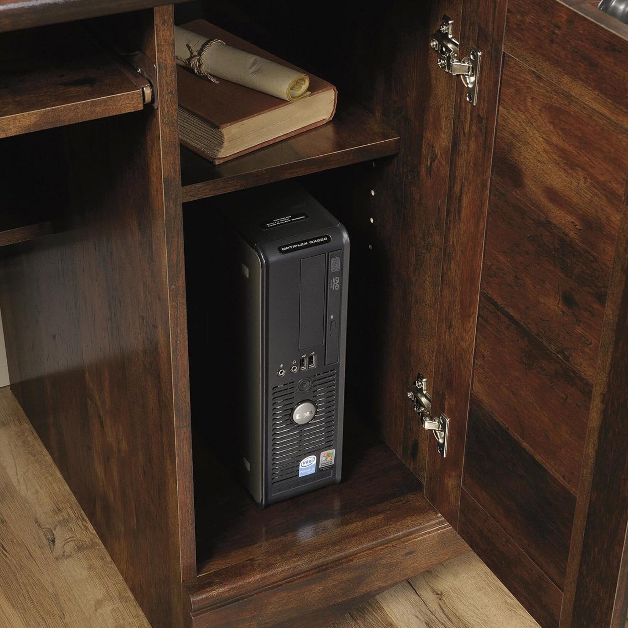 Sauder harbor view corner computer desk with hutch in store curado cherry
