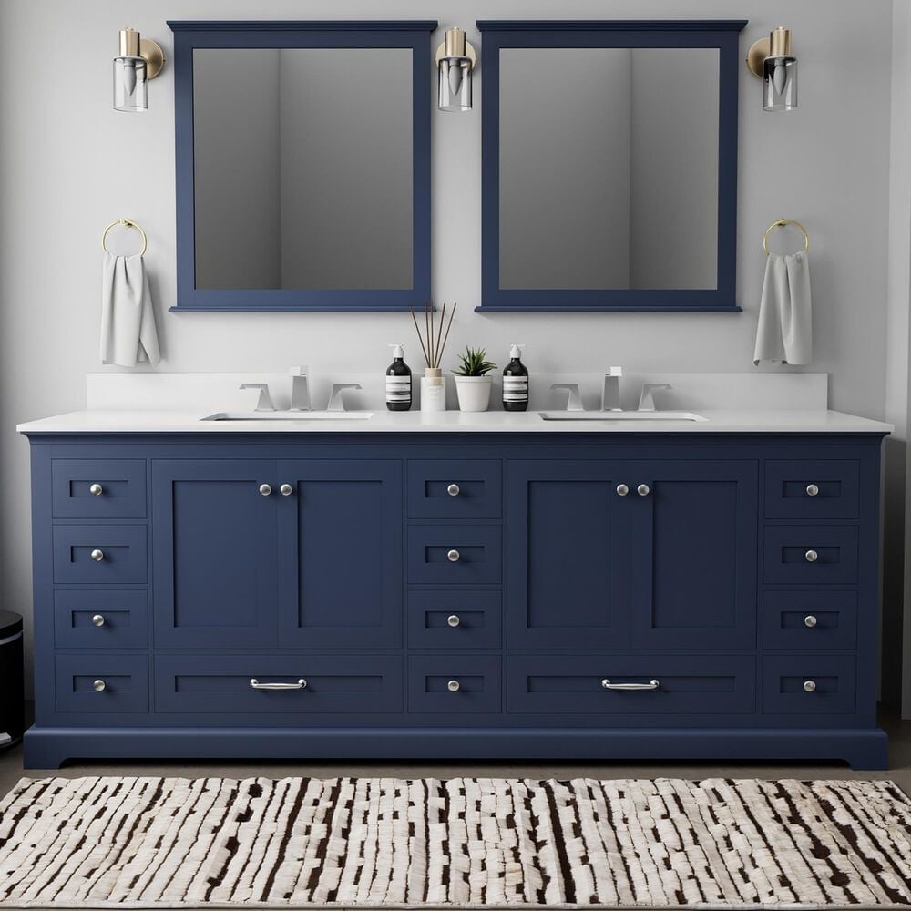 Lexora Home Dukes 84" Double Bathroom Vanity in Navy Blue with 2 cm White Quartz Top and Rectangular Sinks, , large