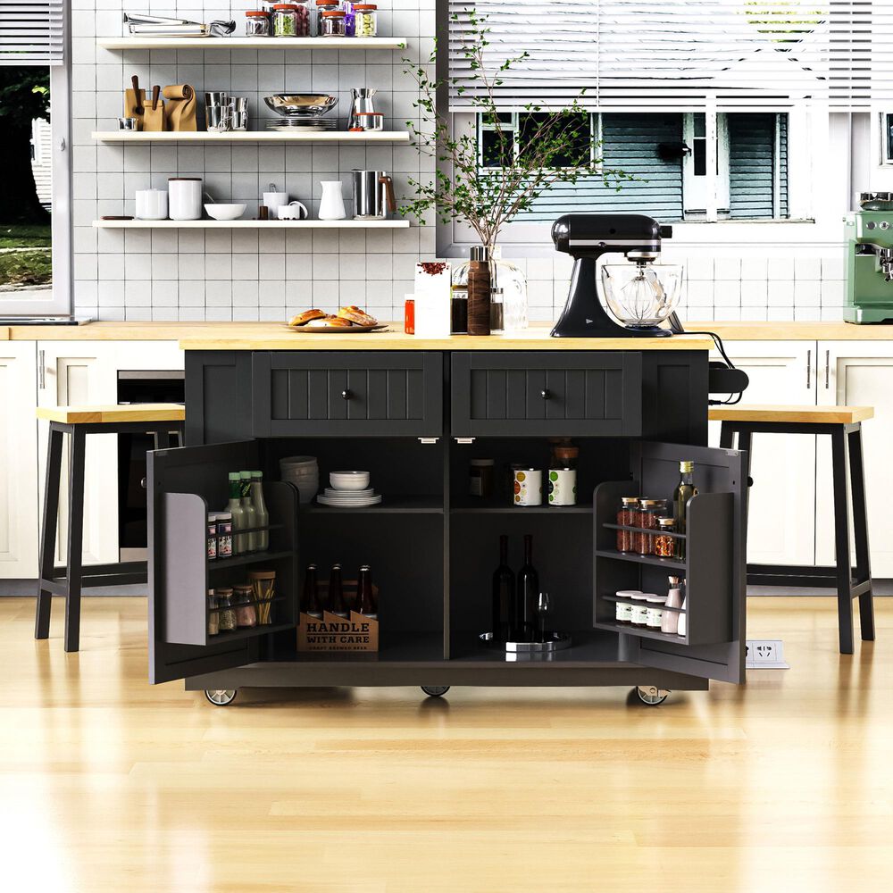 HOMLUX 48" Kitchen Island with Drop Leaf in Black and Natural, , large