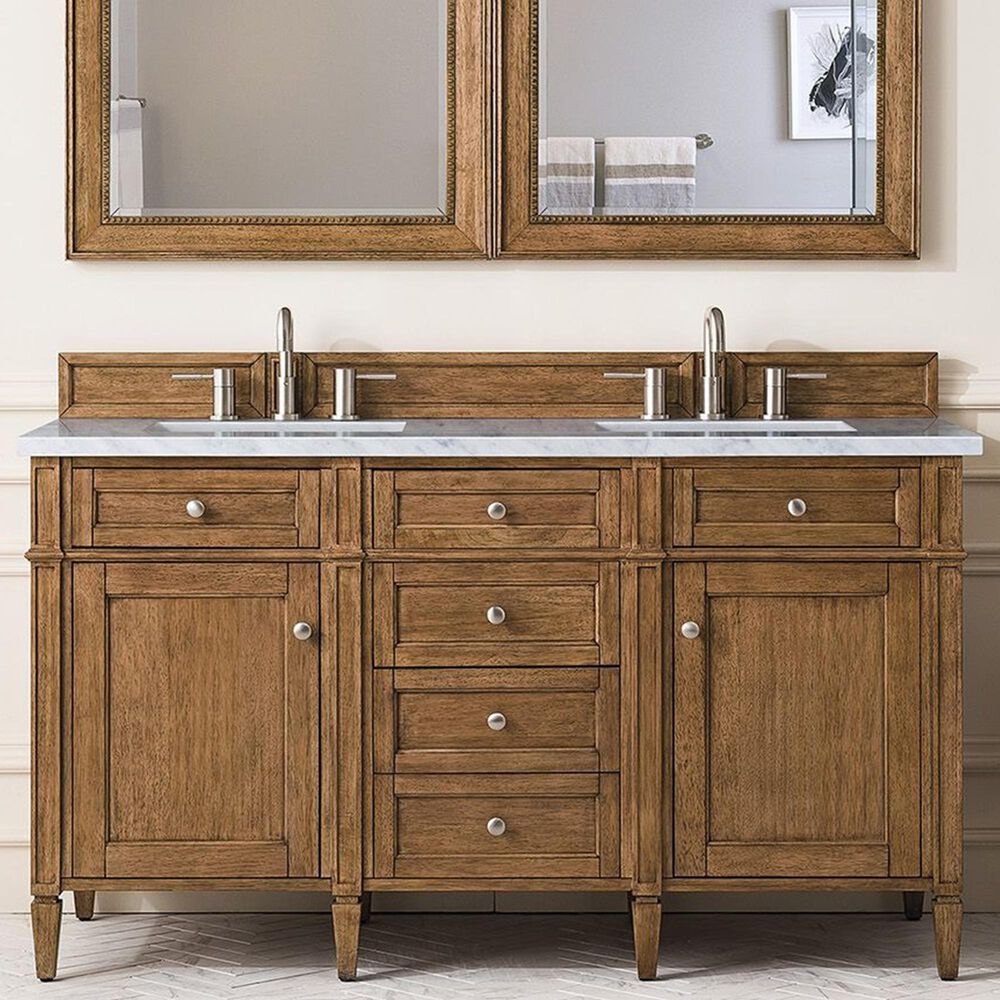 James Martin Vanities Brittany 60&quot; Double Bathroom Vanity in Saddle Brown with 3 cm Carrara White Marble Top and Rectangular Sinks, , large