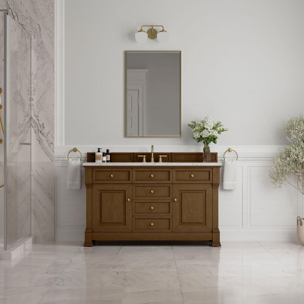 James Martin Vanities Brookfield 60" Single Bathroom Vanity in Honey Oak with 3 cm Eternal Jasmine Pearl Quartz Top, Rectangle Sink and FreePower Wireless Charger, , large
