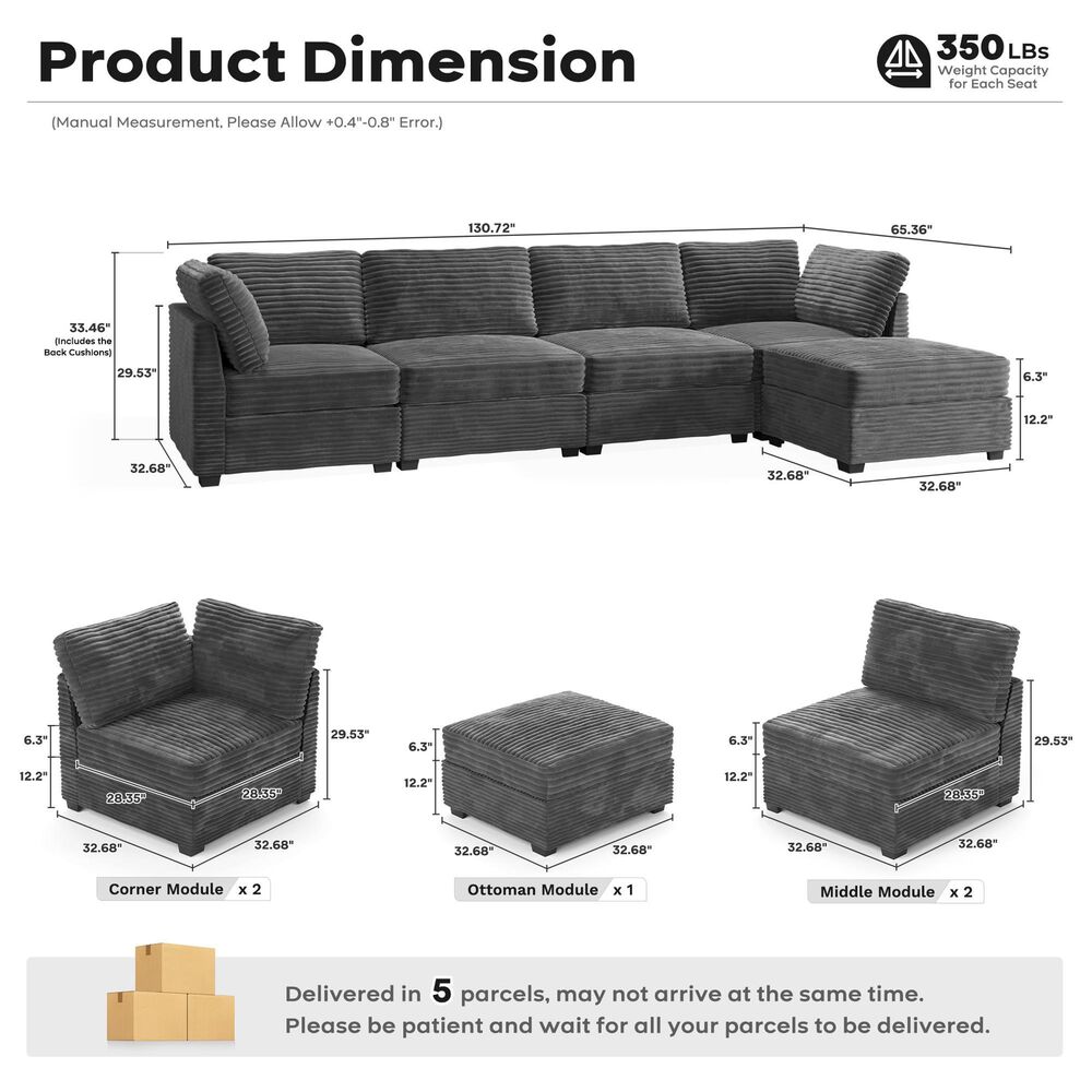 Noviland HOMLUX 5-Piece Mod Sectional with Ottoman in Gray, , large