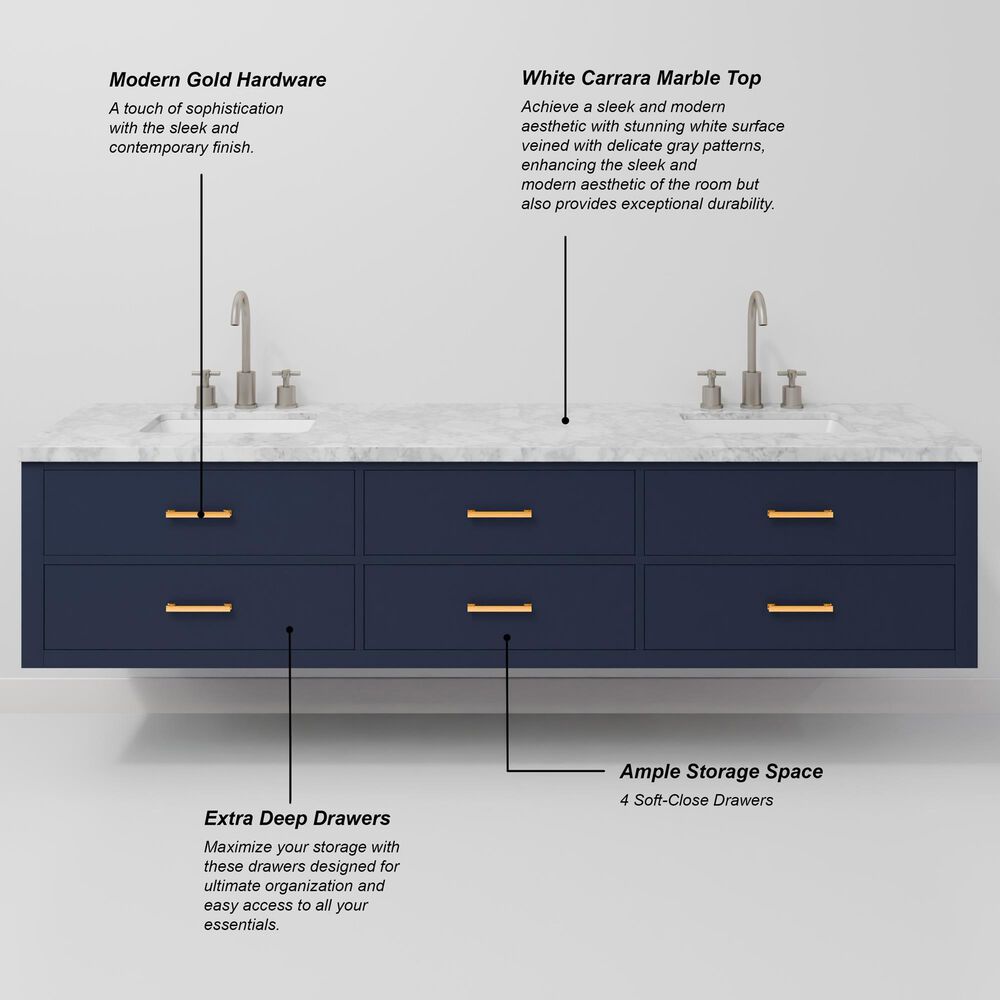 Lexora Home Castor 84" Double Bathroom Vanity in Blue with 2 cm White Carrara Marble Top and Rectangular Sinks, , large