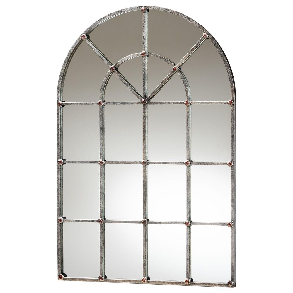Baxton Studio Newman Arched Window Accent Wall Mirror in Antique Silver, , large