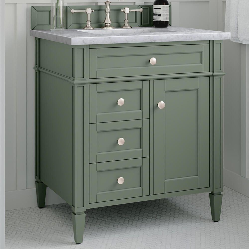 James Martin Vanities Brittany 30&quot; Single Bathroom Vanity in Smokey Celadon with 3 cm Carrara White Marble Top and Rectangular Sink, , large