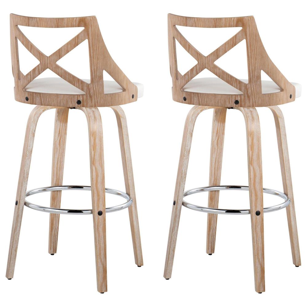 LumiSource Charlotte Swivel Bar Stool with White Faux Leather Upholstery in Whitewashed and Chrome (Set of 2), , large