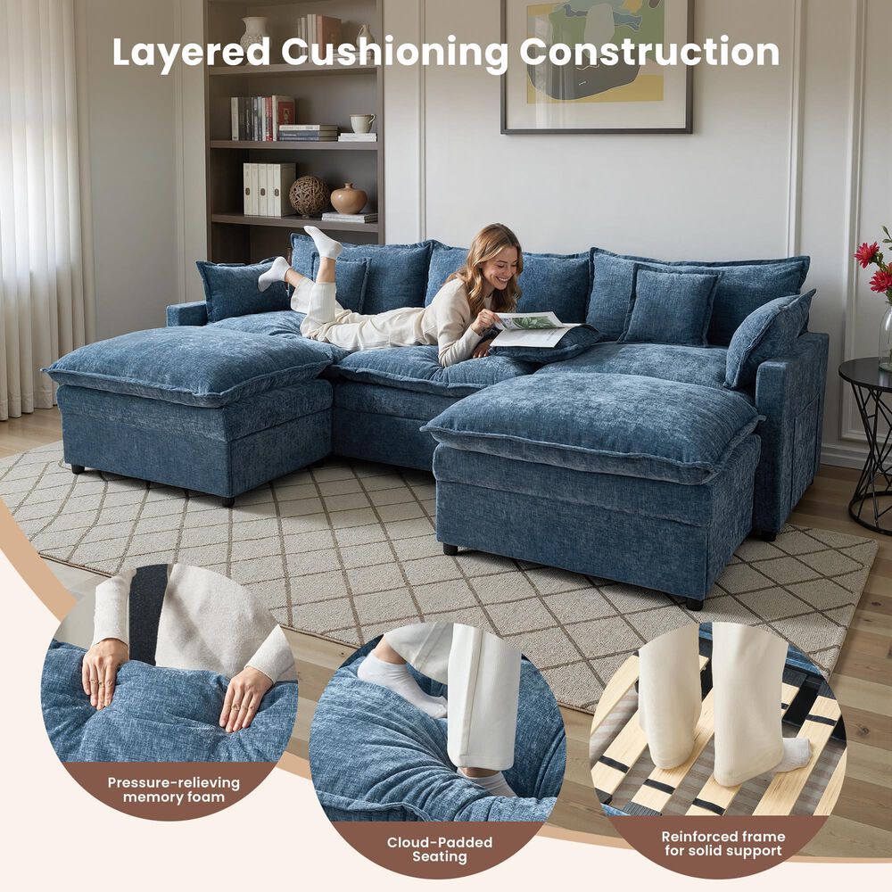 HOMLUX 107.87" Ultra-Comfort Chenille Sectional Sofa Set in Blue, , large