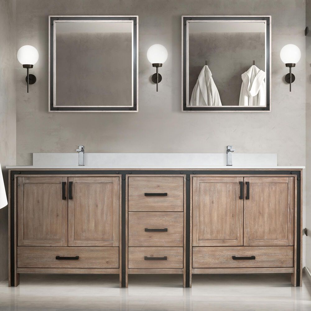 Lexora Home Ziva 84&quot; Double Bathroom Vanity in Rustic Barnwood with 2 cm White Cultured Marble Top and Rectangular Sinks, , large