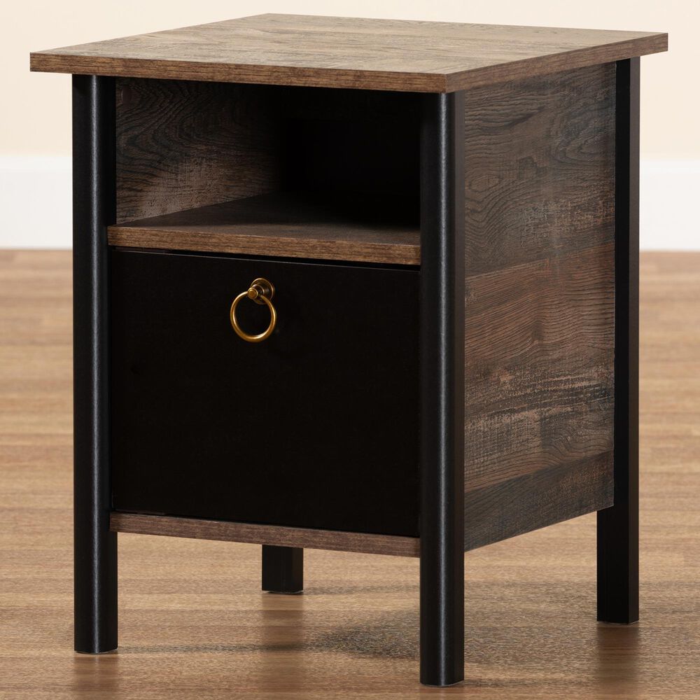 Baxton Studio Vaughan 1-Door Nightstand in Dark Brown, Rustic Brown and Black, , large