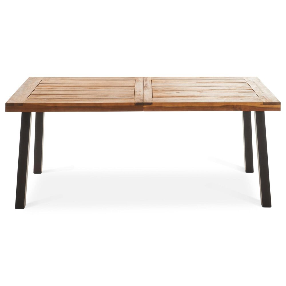 Hearth and Haven Della Outdoor Dining Table with Slatted Wood Top and Iron Frame in Teak, , large