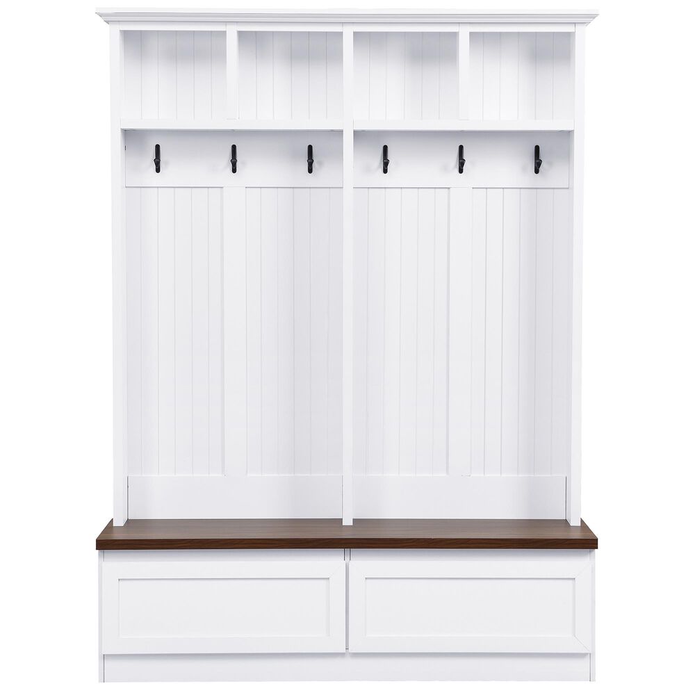 HOMLUX 6-Hook Hall Tree with Wood Grain Bench in White, , large