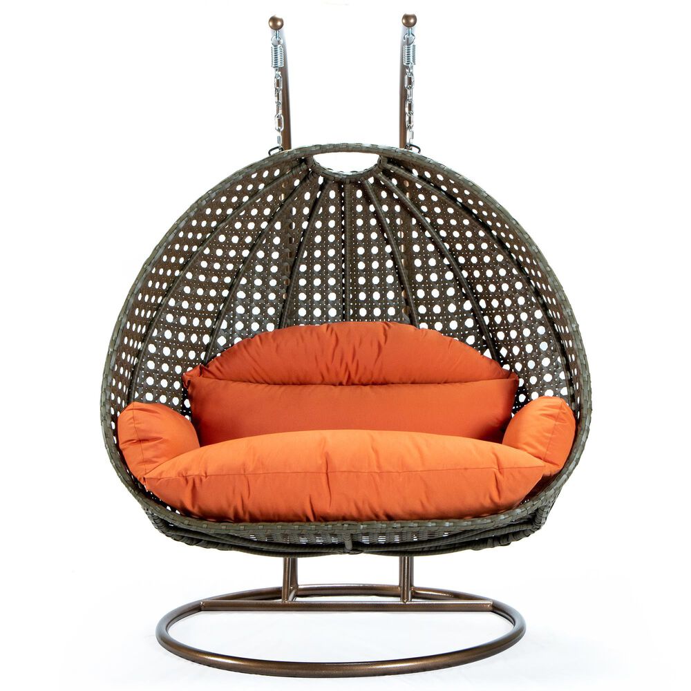 Leisuremod 57&quot; Patio 2-Seat Hanging Egg Swing Chair with Orange Cushion in Beige, , large