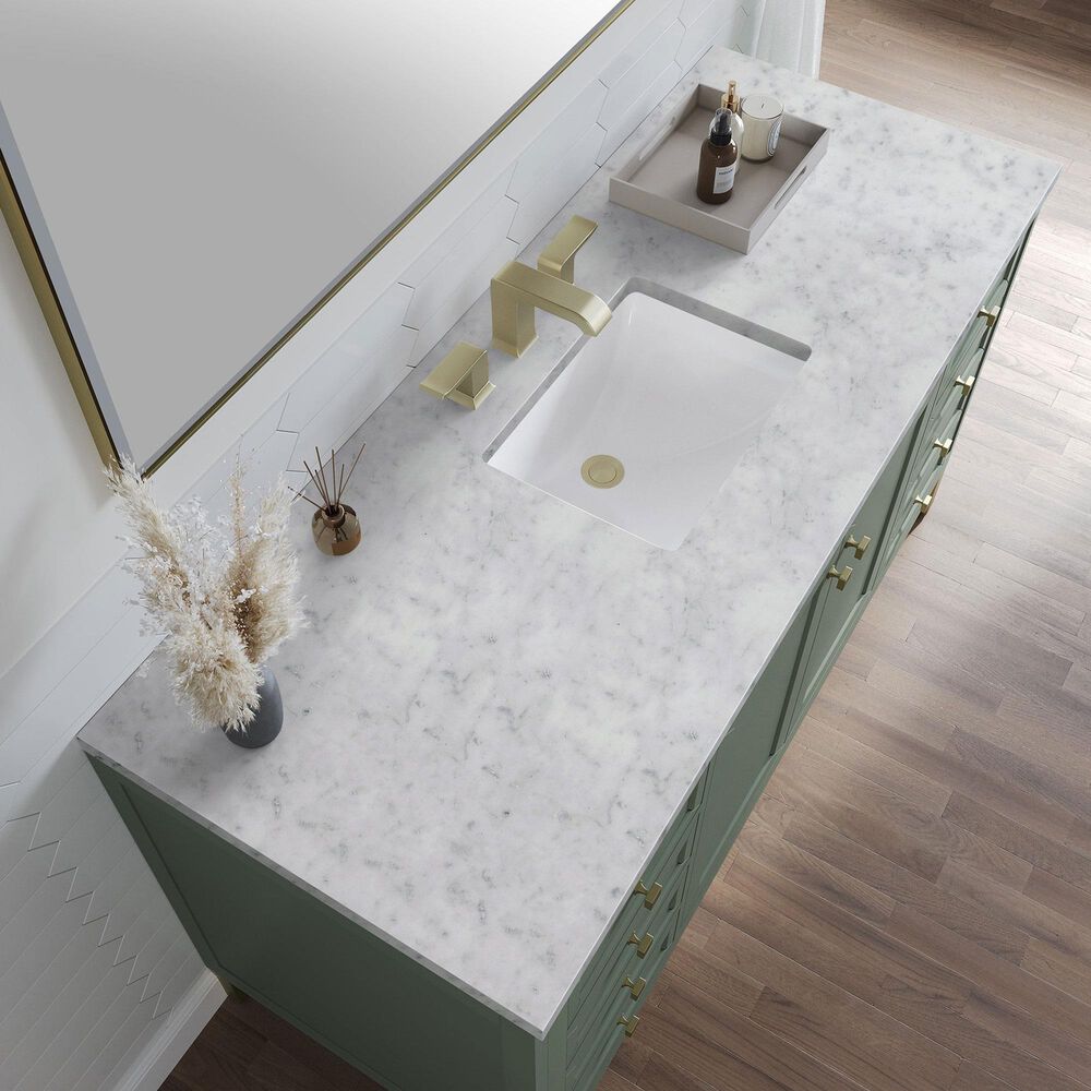 James Martin Vanities Chicago 60&quot; Single Bathroom Vanity in Smokey Celadon with 3 cm Carrara White Marble Top and Rectangular Sink, , large