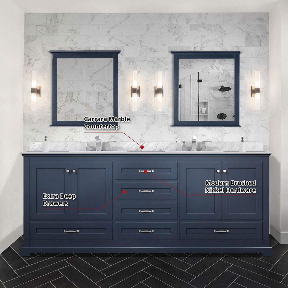 Lexora Home Dukes 80&quot; Double Bathroom Vanity in Navy Blue with 2 cm White Carrara Marble Top and Rectangular Sinks, , large