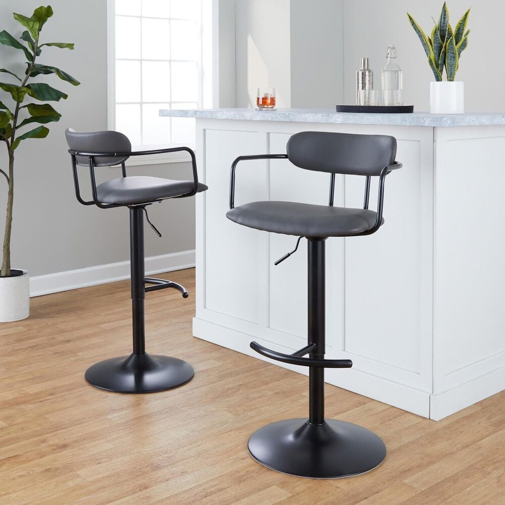 LumiSource Demi Swivel Adjustable Bar Stool with Grey Upholstery in Black (Set of 2), , large