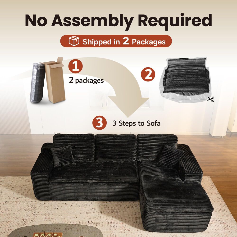 HOMLUX 105.5" Zero Assembly Sofa with Ergonomic Chaise Sectional in Black, , large