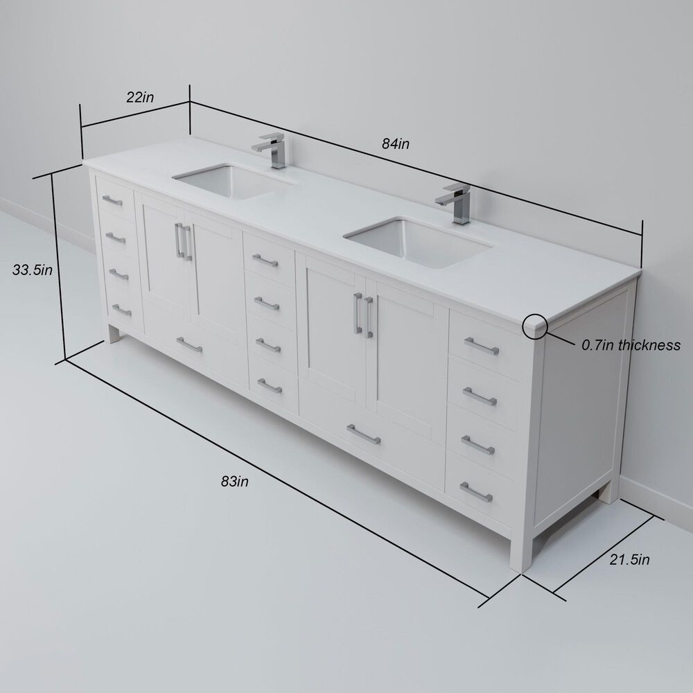 Lexora Home Jacques 84" Double Bathroom Vanity in White with 2 cm White Quartz Top and Rectangular Sinks, , large