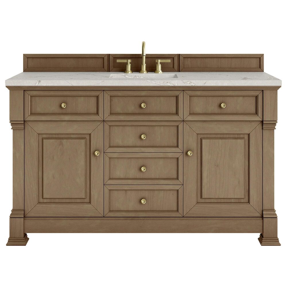 James Martin Vanities Brookfield 60" Single Bathroom Vanity in Pecan with 3 cm Victorian Silver Quartz Top, Rectangle Sink and FreePower Wireless Charger, , large