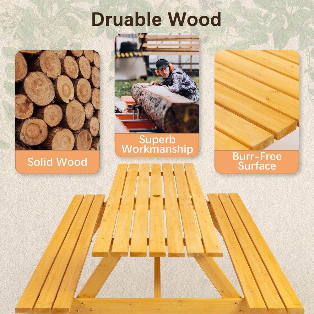 Hearth and Haven Outdoor Wood Picnic Table with 2 Built-in Benches and Umbrella Hole in Brown, , large