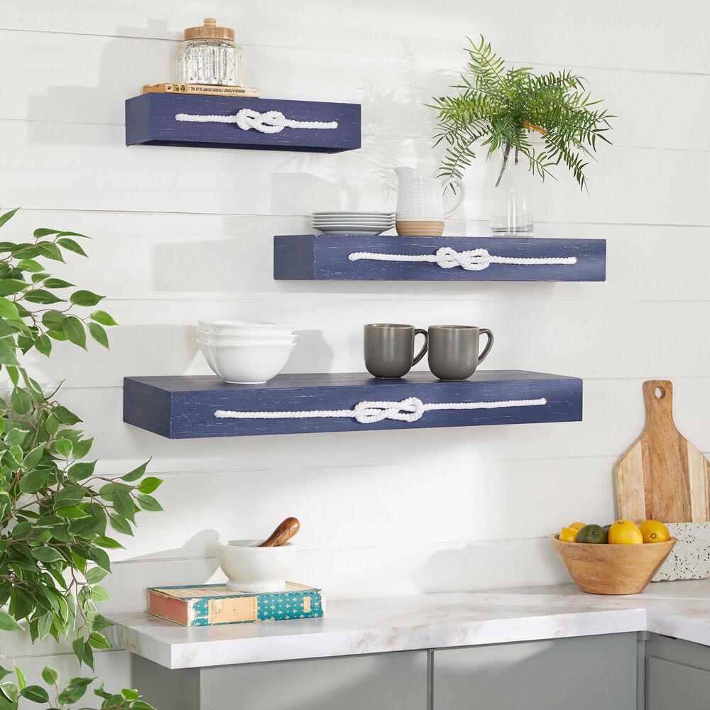 Maple and Jade 32&quot; x 3&quot; Wall Shelf in Ocean Blue and White &#40;Set of 3&#41;, , large