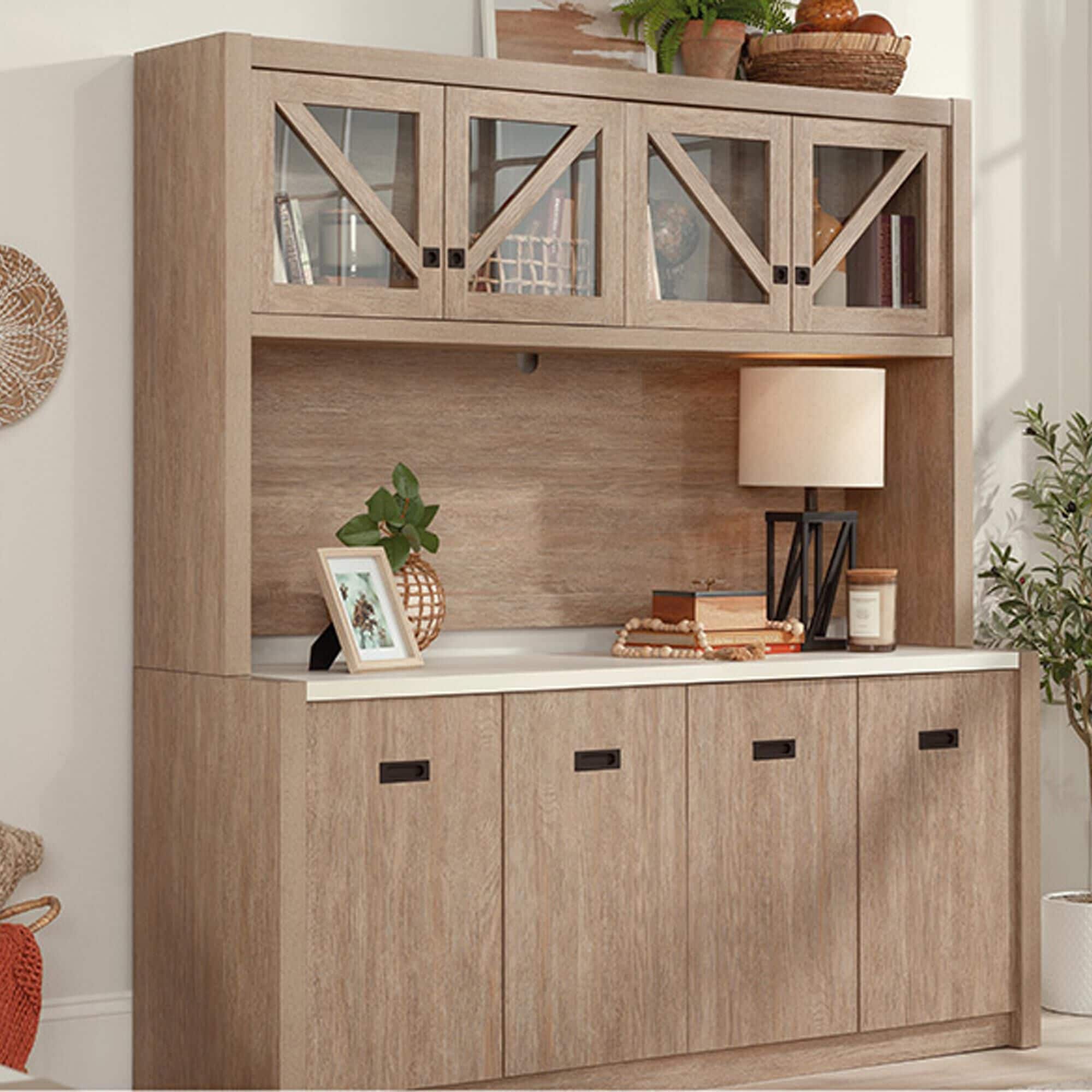 Sauder Dixon City Credenza Desk with Hutch in Brushed Oak NFM