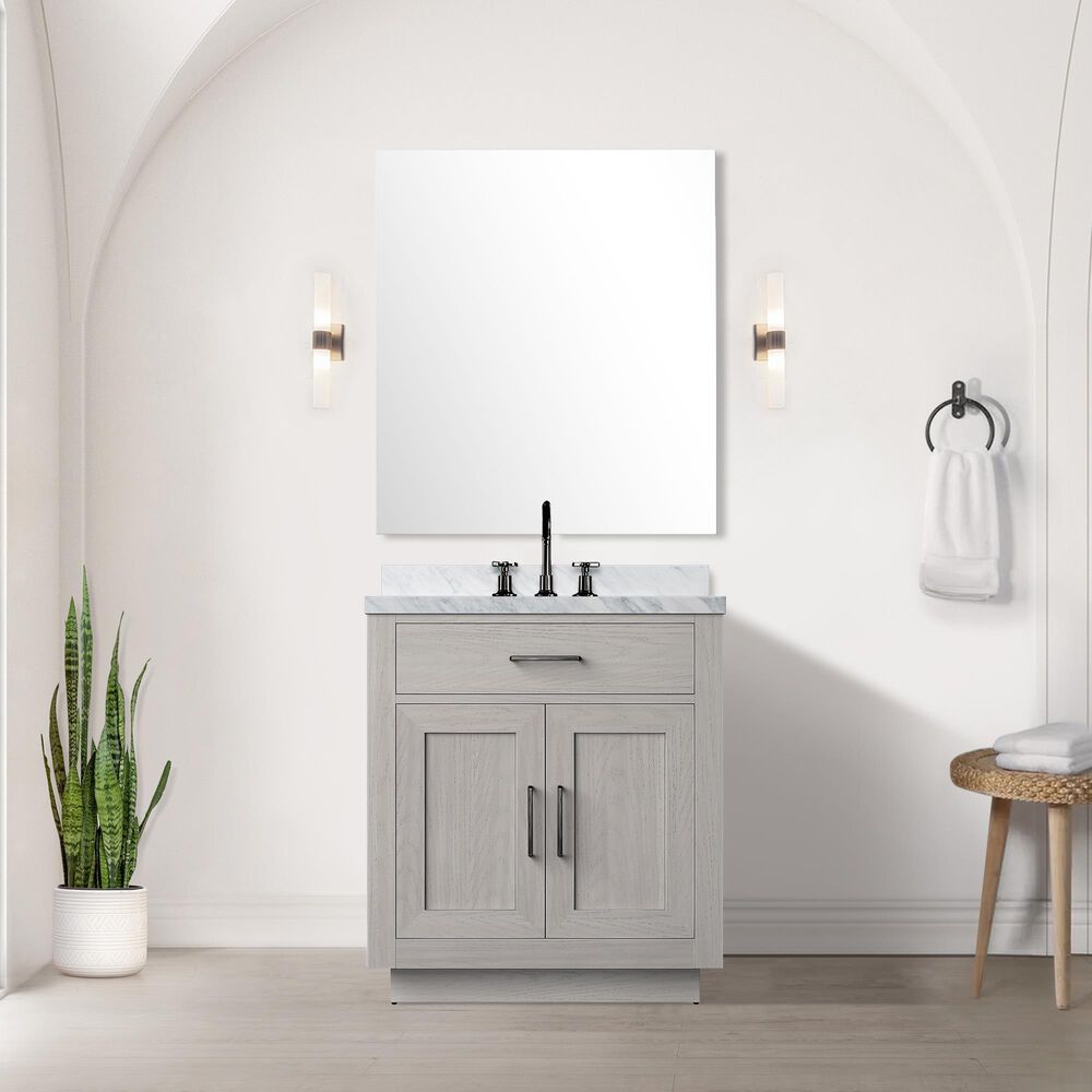 Lexora Home Abbey 30&quot; Single Bathroom Vanity in White Oak with 2 cm White Carrara Marble Top and Rectangular Sink, , large