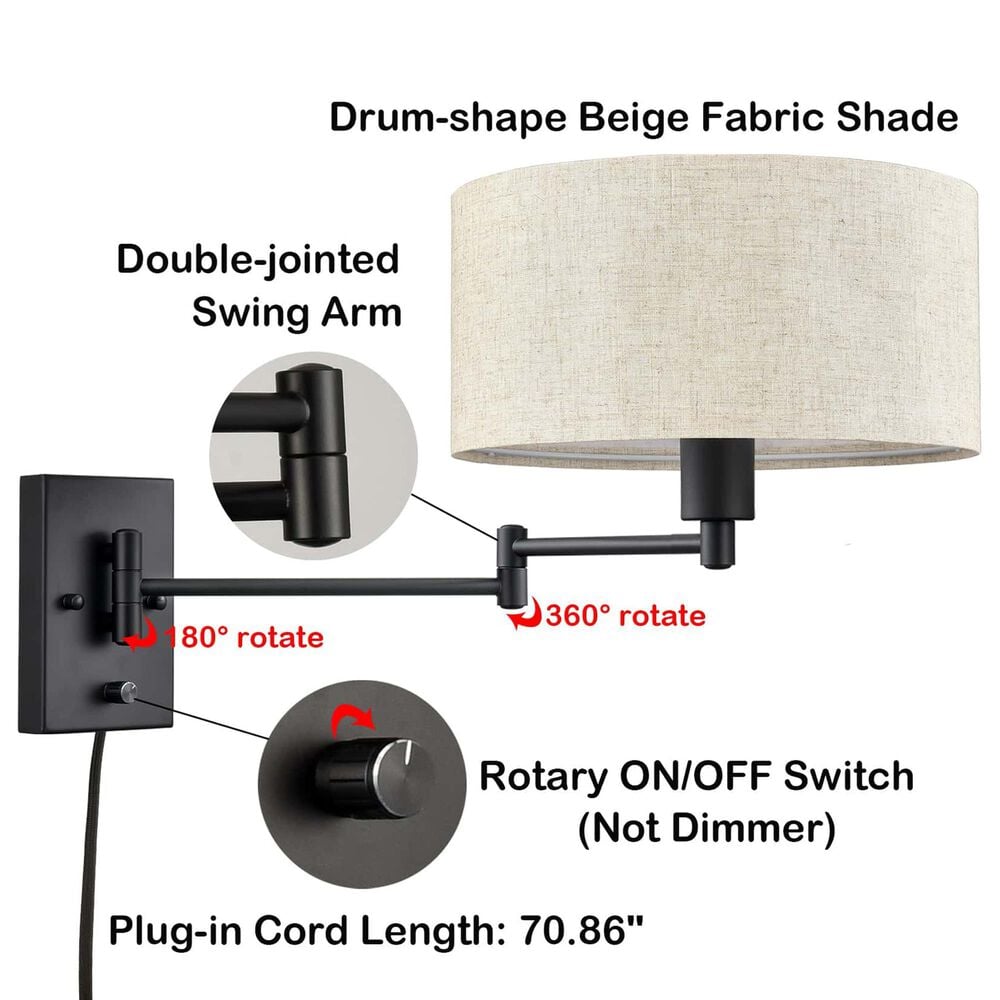 Claxy LIghting 1-Light Plug-In Swing Arm Wall Sconce in Black, , large