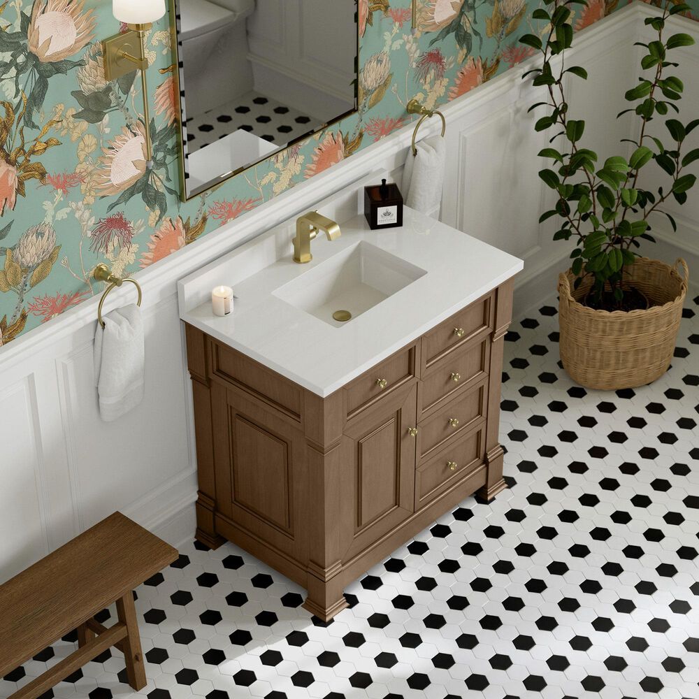 James Martin Vanities Brookfield 36&quot; Single Bathroom Vanity in Pecan with Single Hole 3 cm White Zeus Quartz Top and Rectangular Sink, , large