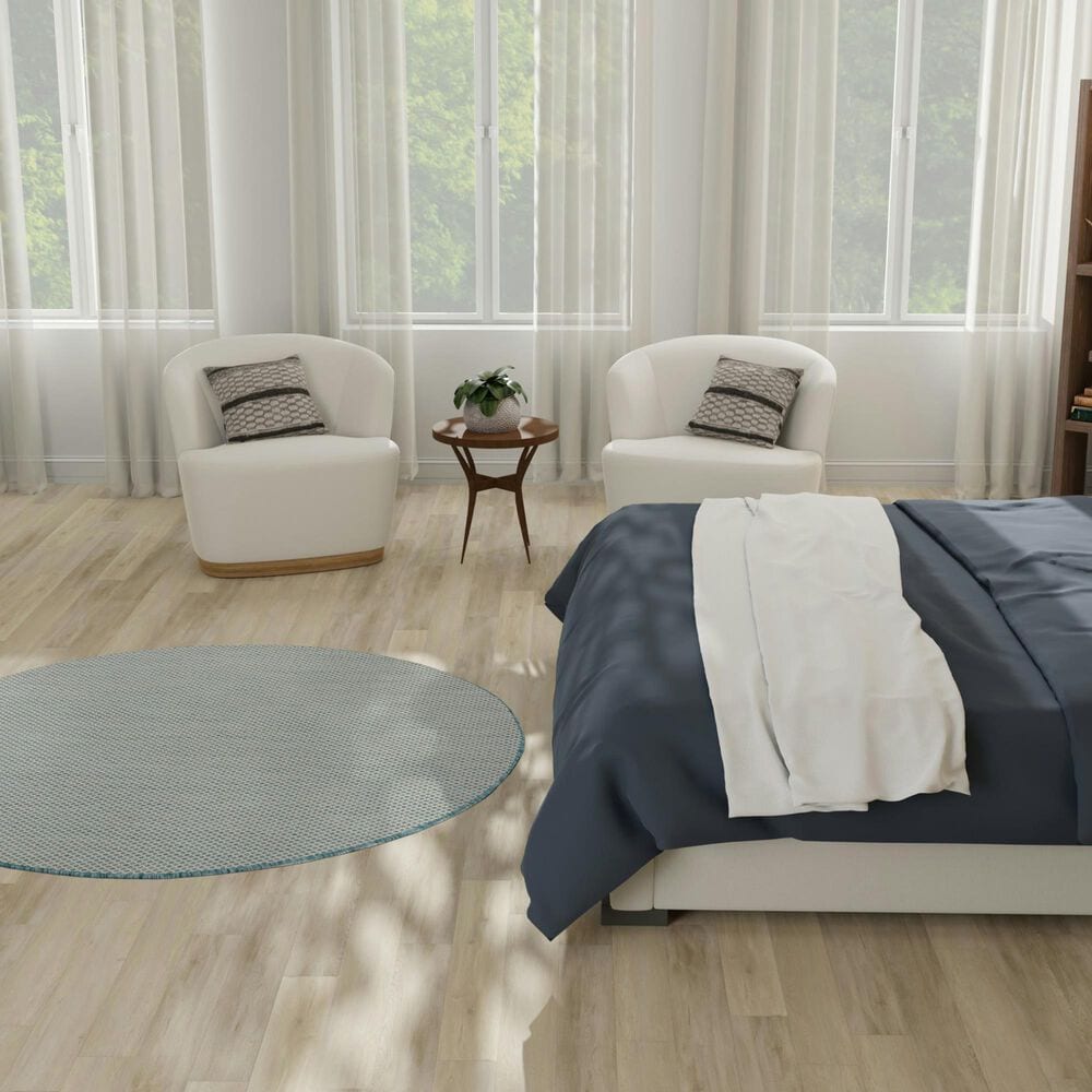 Nourison Courtyard Ivory and Aqua 5&#39; Round Indoor/Outdoor Area Rug, , large