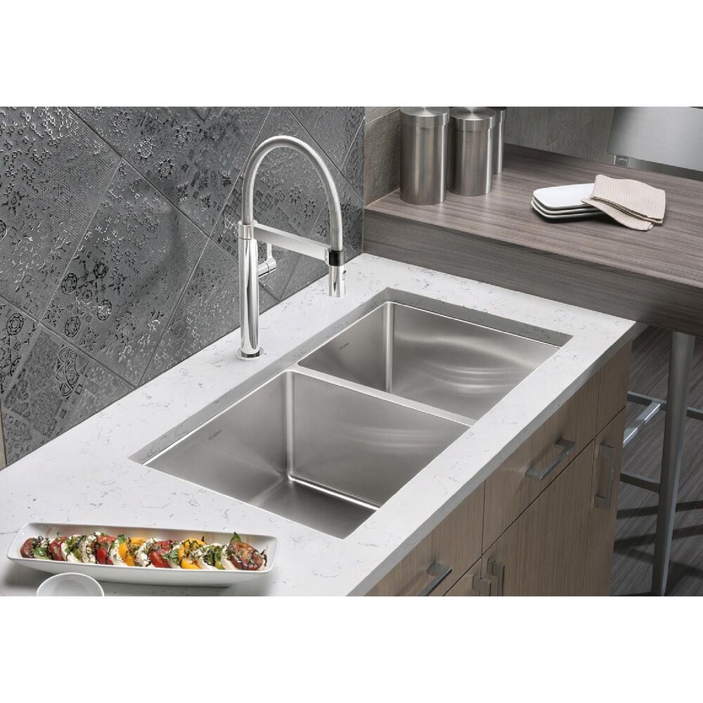 Blanco Quatrus 33&quot; R15 1-3/4 Double Bowl Kitchen Sink in Refined Brushed, , large