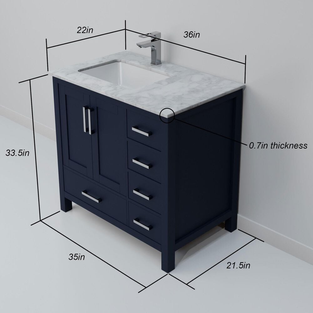 Lexora Home Jacques 36" Left Offset Single Bathroom Vanity in Navy Blue with 2 cm White Carrara Marble Top and Rectangular Sink, , large