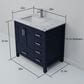 Lexora Home Jacques 36" Left Offset Single Bathroom Vanity in Navy Blue with 2 cm White Carrara Marble Top and Rectangular Sink, , large