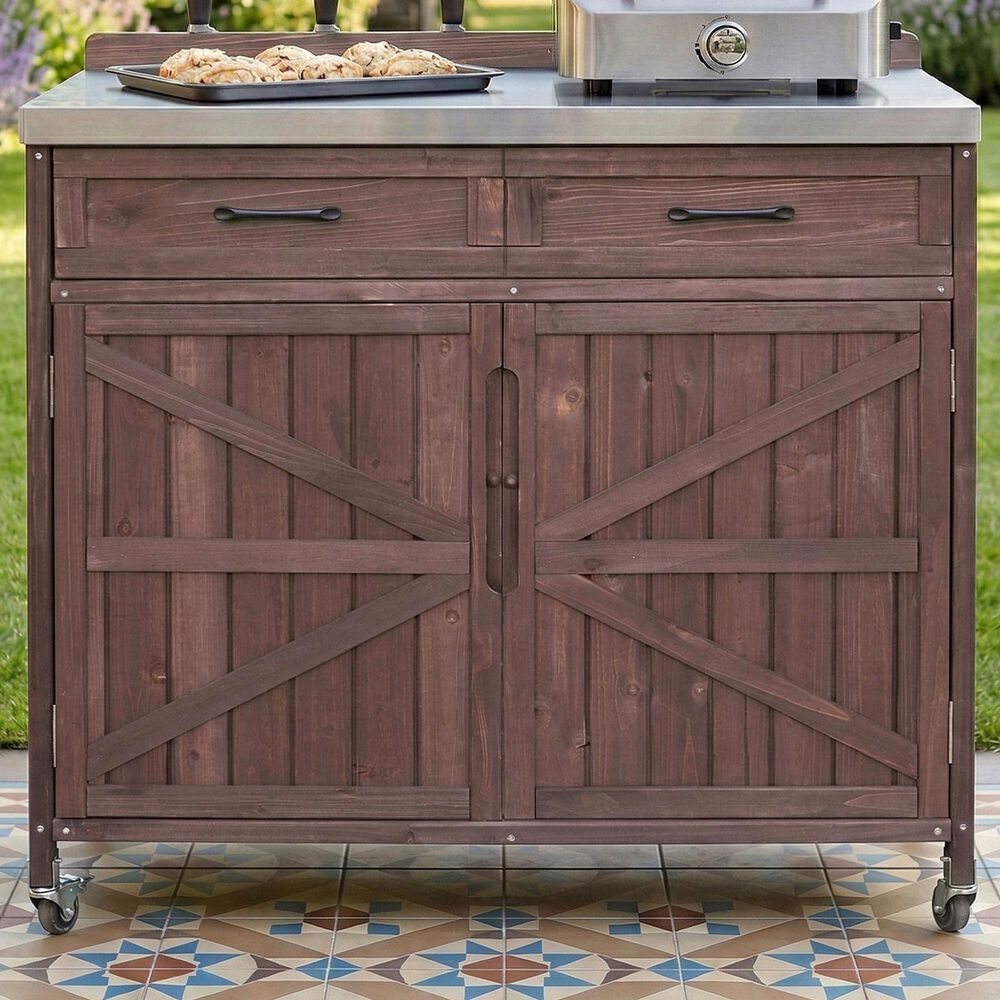 HOMLUX 39" Outdoor Kitchen Island with Stainless Table Top in Dark Brown, , large