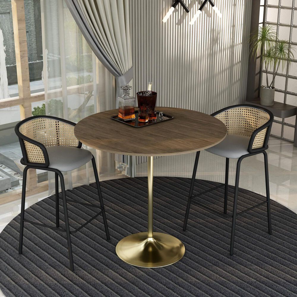 Leisuremod LeisureMod Verve Collection Modern Bar Height Table Brushed Gold Base with 48 Round Dark Walnut MDF Top, , large