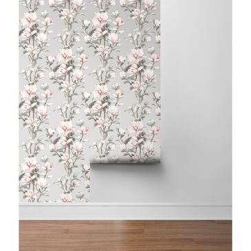 NextWall Magnolia Trail Floral 216" x 20.5" Peel and Stick Wallpaper in Metallic Silver and Petal Pink, , large