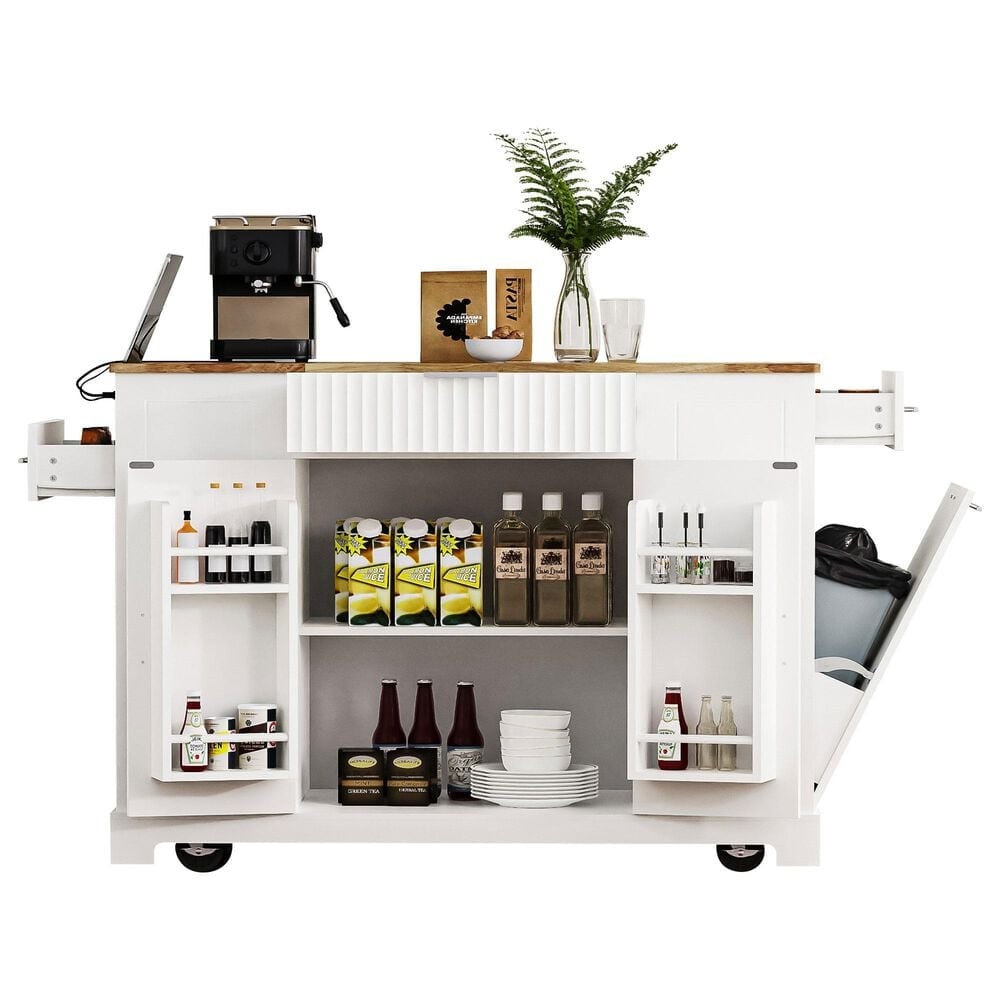 HOMLUX 47" Fluted Kitchen Island with Trash Can Storage Cabinet in White and Natural, , large