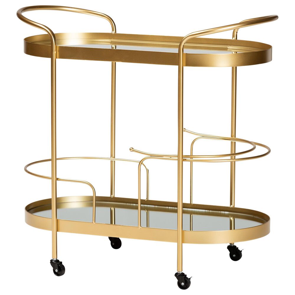 Baxton Studio Kamal 2-Tier Mobile Wine Bar Cart in Brushed Gold and Clear, , large