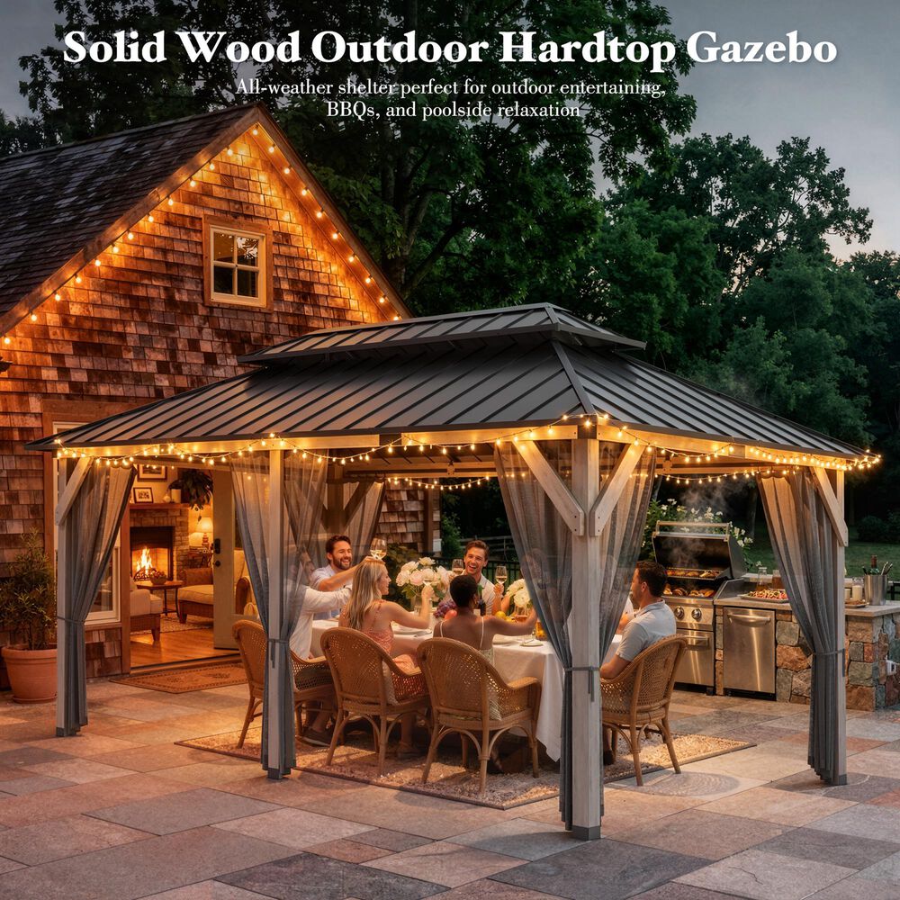 HOMLUX 12' x 20' Patio Hardtop Gazebo with Wood Posts in Light Gray, , large