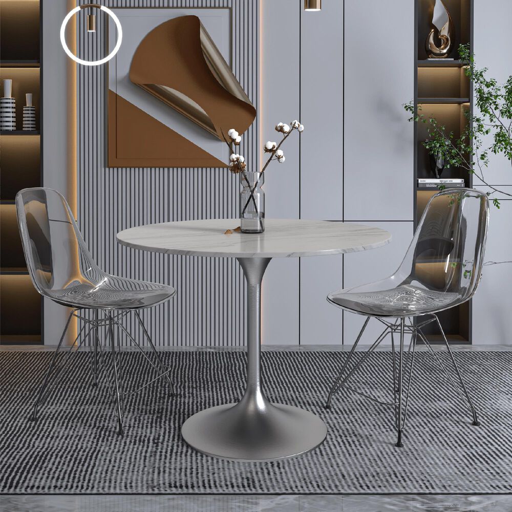 Leisuremod LeisureMod Verve Collection 36 Round Dining Table, Brushed Chrome Base with Sintered Stone White Top, , large