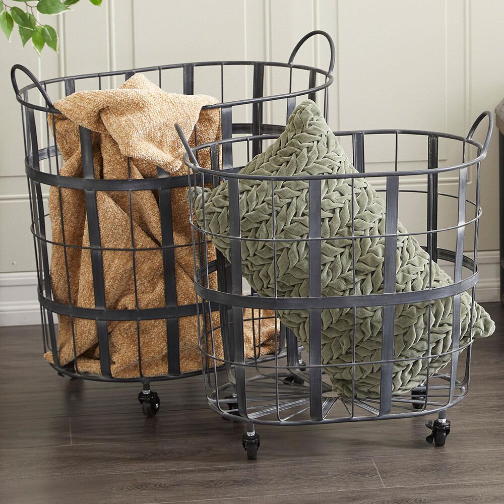 Maple and Jade Industrial Metal Storage Basket in Black &#40;Set of 2&#41;, , large