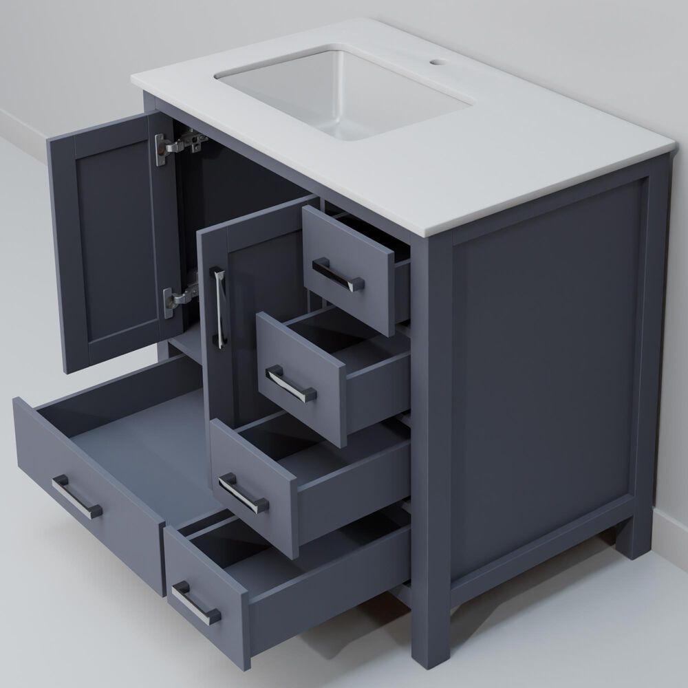 Lexora Home Jacques 36" Left Offset Single Bathroom Vanity in Dark Grey with 2 cm White Cultured Marble Top and Rectangular Sink, , large