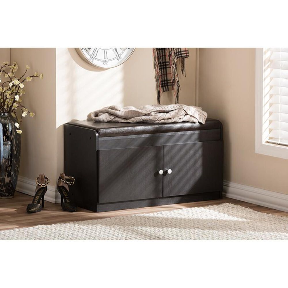 Baxton Studio 2-Door Shoe Cabinet with Seating Bench in Dark Brown, , large