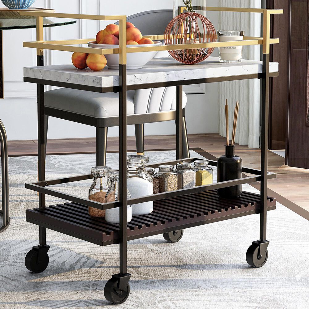 Furniture of America Stapleton Bar Serving Cart in Black, Gold, White and Walnut, , large