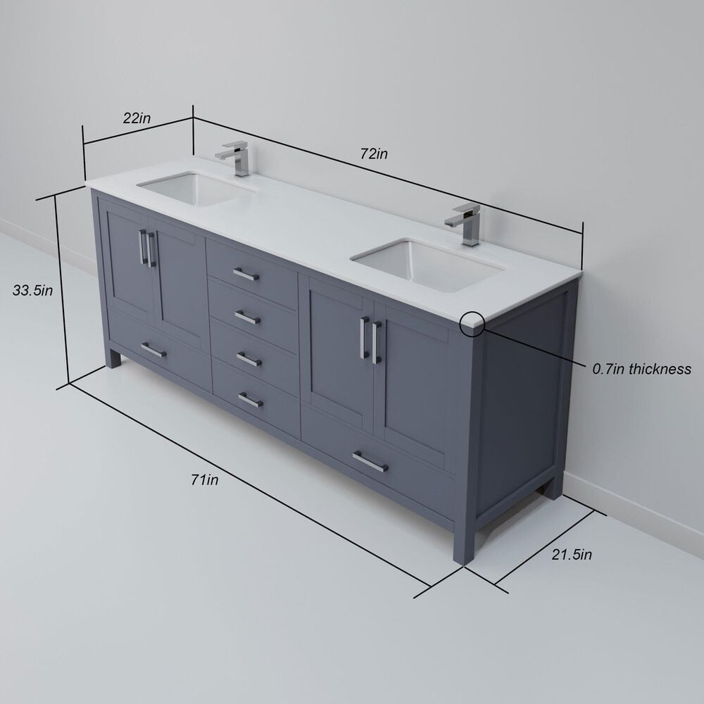 Lexora Home Jacques 72" Double Bathroom Vanity in Dark Grey with 2 cm White Quartz Top and Rectangular Sinks, , large
