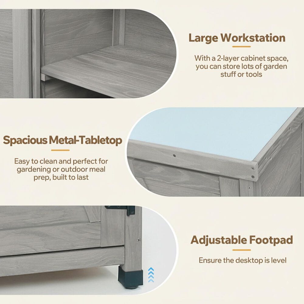 Hearth and Haven Outdoor Wooden Storage Cabinet with Metal Top and Adjustable Protective Footpad in Gray, , large