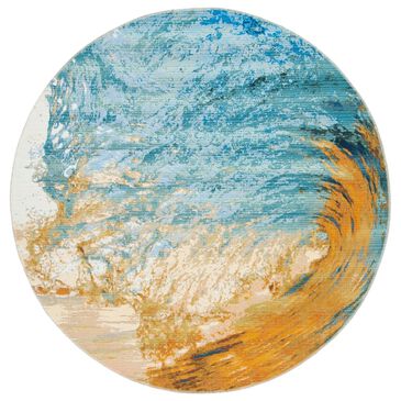 Safavieh Barbados Tropical Wave 8" Round Blue and Gold Indoor/Outdoor Area Rug, , large