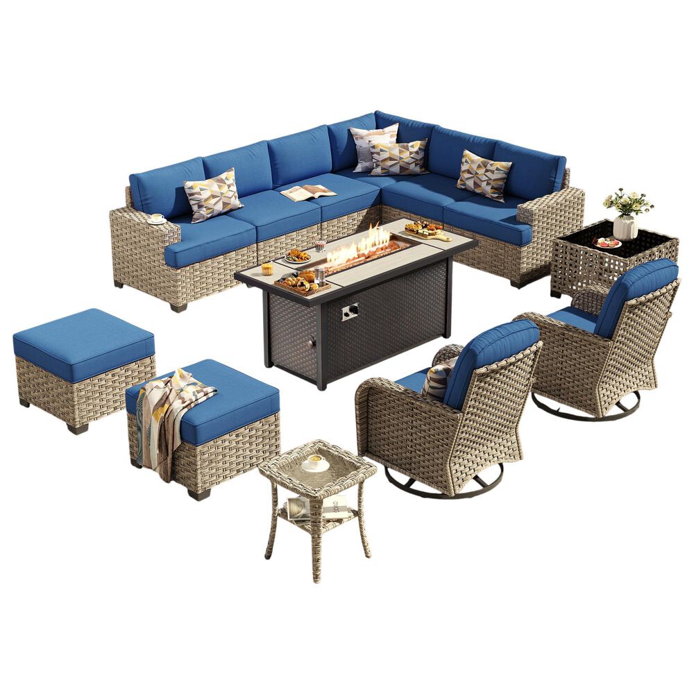 HOMLUX 13-Piece Patio Conversation Set with 54" Fire Pit Table in Navy Blue, , large