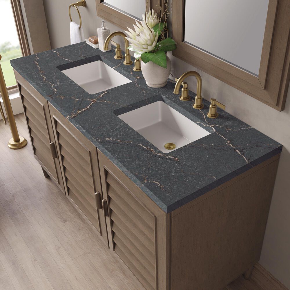 James Martin Vanities Portland 60&quot; Double Bathroom Vanity in Whitewashed Walnut with 3 cm Parisien Bleu Quartz Top and Rectangular Sinks, , large